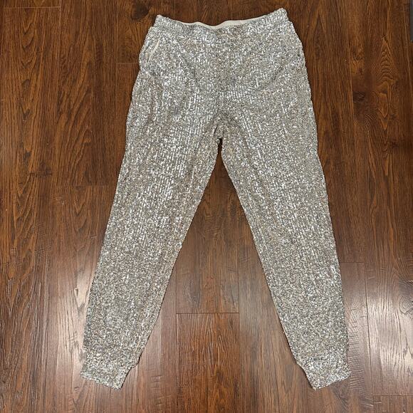 Cable & Gauge Sequin Jogger WMNS S Champagne Statement Pants Sparkle Glamour - Picture 3 of 14